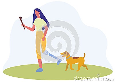 Woman with Prosthetic Leg Run in Park with Dog Vector Illustration