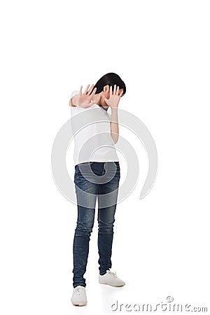 Woman protect or hide her face Stock Photo