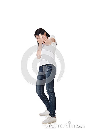 Woman protect or hide her face Stock Photo