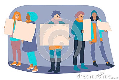 Woman protest concept. Diversity girls with placards. Variety ladys protesters stand together. Against sexism descrimination, Vector Illustration