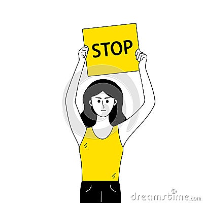 Woman protest with stop banner in doodle style. Vector Illustration