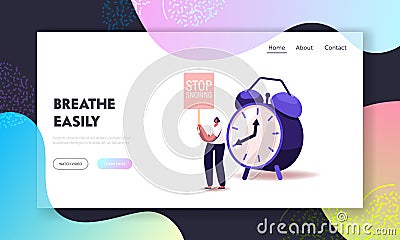 Woman Protesting against Sleeping Snore Landing Page Template. Asleep Angry Tiny Female Character Vector Illustration