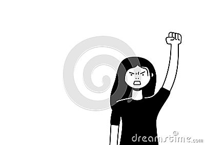 A woman protests with a raised up fist, screaming angrily. Female protester or activist. Design for horizontal banner or Vector Illustration
