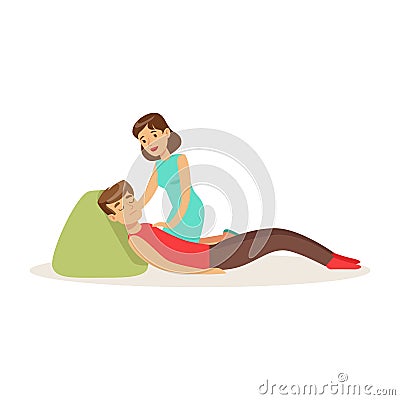 Woman providing first aid to a lying injured man vector Illustration Vector Illustration