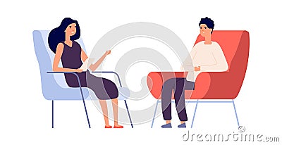 Woman psychologist. Couple talking, flat man woman sitting on chairs. Psychotherapy session or psychological Vector Illustration