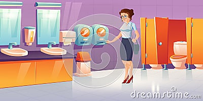 Woman in public toilet with tampon vending machine Vector Illustration