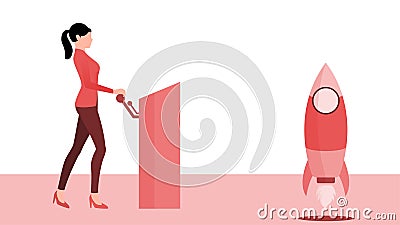 Woman pulling lever to launch the rocket, startup concept vector, business character illustration on white background Vector Illustration