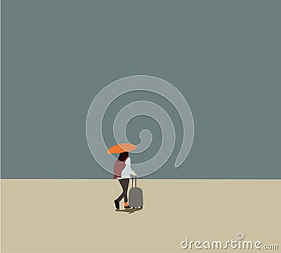 Woman pulls luggage and carries an umbrella go on journey. Travelers in various activity with luggage and equipment. Vector Illustration