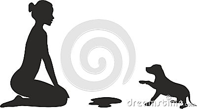 Woman and puppy, inevitable small problem. Silhouette. Stock Photo