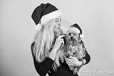 Woman with puppy wear santa hat. Celebrate christmas with pets. Ways to have merry christmas with pets. Reasons to love Stock Photo