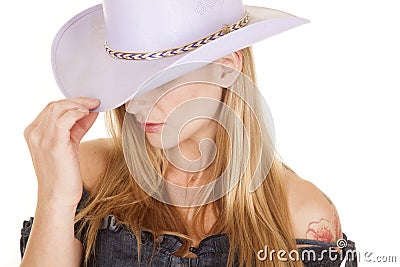 Woman purple cowgirl hat close touch Stock Photo