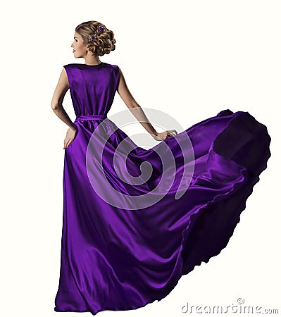 Woman Purple Dress, Fashion Model in Silk Gown, Waving Fabric, White Background Stock Photo