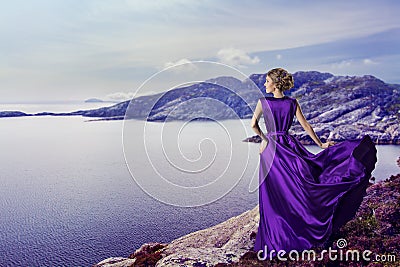 Woman Purple Dress, Looking Mountains Sea, Elegant Girl on Coast Stock Photo