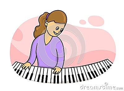 Woman in purple dress playing the piano.Music teacher practising. Flat vector illustration, isolated on white background Vector Illustration