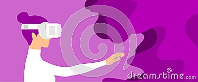 A woman with purple hair in white virtual reality glasses and a white sweater reaches for abstract purple shapes Vector Illustration