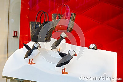 Woman purses shop with winter decoration Stock Photo