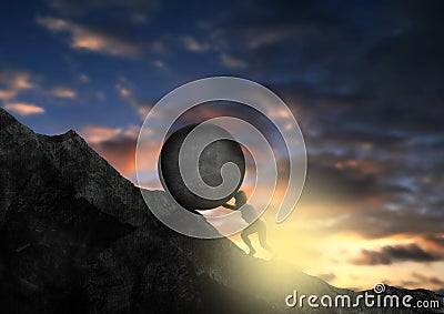 Woman pushing big rock uphill. Sisyphus businesswoman concept in hill sky sunset Stock Photo