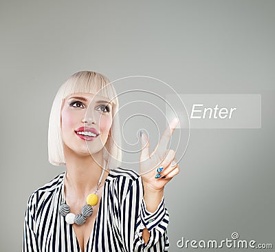 Woman pushing enter icon. Choice and agree concept Stock Photo