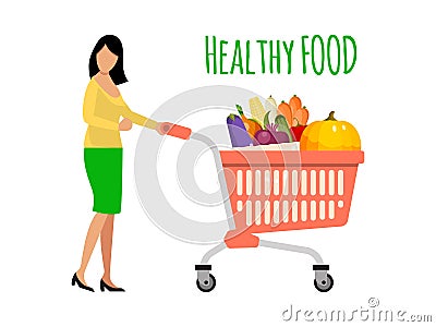 Woman pushing a shopping cart filled with fruits and vegetables. Girl with healthy food shopping trolley vector Vector Illustration