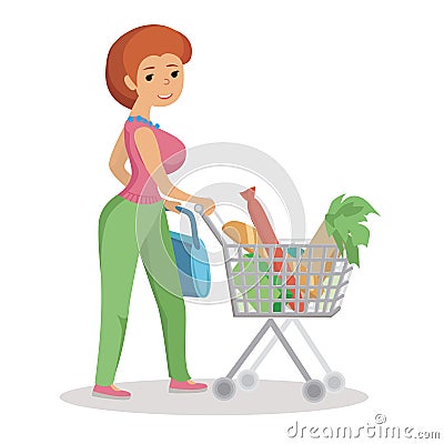 Woman pushing supermarket shopping cart full of groceries. Flat style vector illustration on white background. Vector Illustration