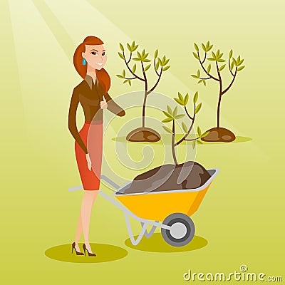 Woman pushing wheelbarrow with plant. Vector Illustration