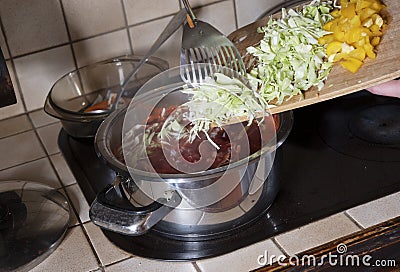 a woman puts cabbage in a saucepan,ingredients for cooking borsch soup Stock Photo