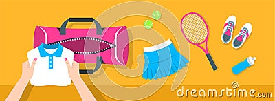 Woman puts tennis stuff into sport bag vector banner Vector Illustration