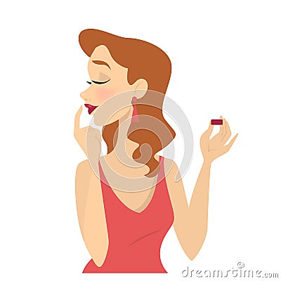 Woman putting red lipstick on her lips Vector Illustration