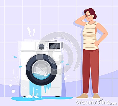 Woman puzzled by appliance breakdown semi flat vector illustration Vector Illustration