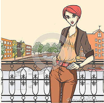 Woman on quay Vector Illustration