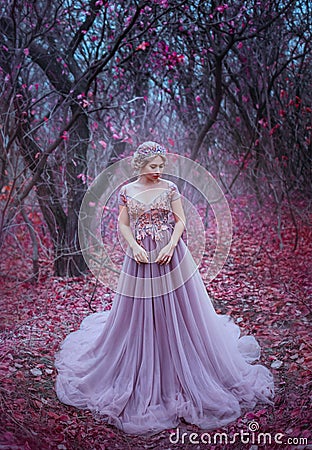 Woman queen in autumn magic forest trees. princess crown. Medieval long dress Stock Photo