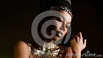 woman queen Cleopatra art photo, creative makeup Black hair Stock Photo