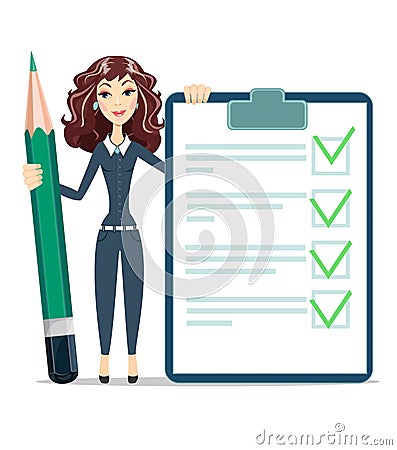Woman with a questionary and big green pencil Vector Illustration