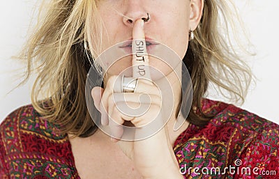 Woman Quiet Shut Up Secret Shh Portrait Concept Stock Photo