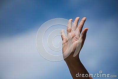 Woman raise hand up showing the five fingers Stock Photo