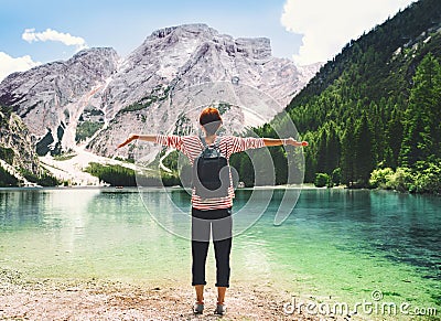 Travel on Braies Lake Lago Di Braies in Dolomites, Italy, Europe Stock Photo