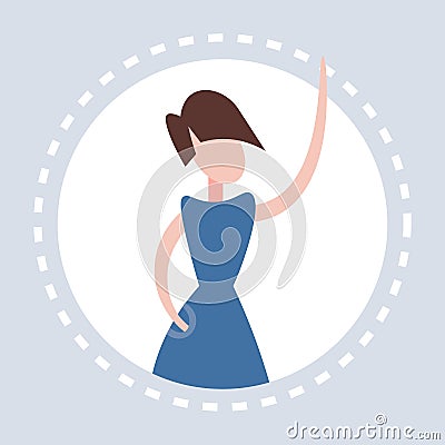 Woman raising hand up round frame gray background faceless female cartoon character portrait flat Vector Illustration