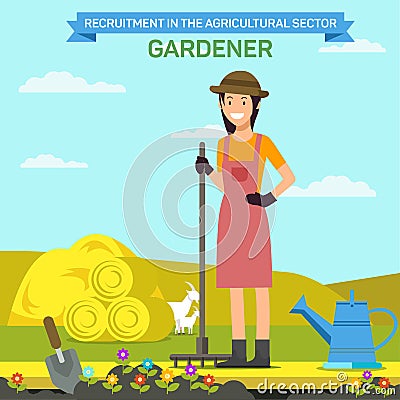 Woman with Rake near Flower Bed on Farm. Gardener. Vector Illustration