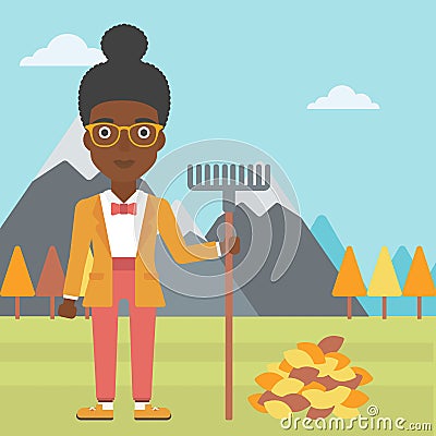 Woman with rake standing near heap of autumn leaves. Vector Illustration