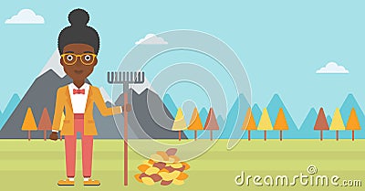 Woman with rake standing near heap of autumn leaves. Vector Illustration