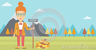 Woman with rake standing near heap of autumn leaves. Vector Illustration