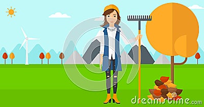 Woman with rake standing near tree and heap of autumn leaves. Vector Illustration