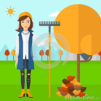 Woman with rake standing near tree and heap of autumn leaves. Vector Illustration