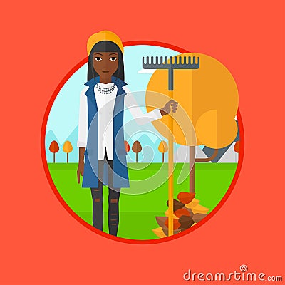 Woman raking autumn leaves vector illustration. Vector Illustration