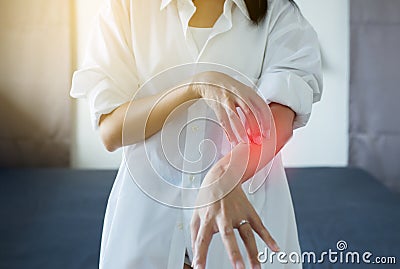 Woman with rash or papule and scratchon her arm from allergies,Health allergy skin care problem Stock Photo