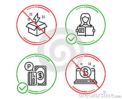 Woman read, Parking payment and Creative idea icons set. Bitcoin sign. Girl studying, Paid garage, Lightning. Vector Vector Illustration