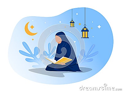 Woman is reading Al Quran on night Ramadan day on blue background vector illustrator Vector Illustration