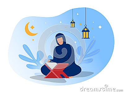 Woman is reading Al Quran on night Ramadan day on blue background vector illustrator Vector Illustration