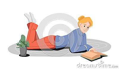 Woman reading book on carpet, learning at home Vector Illustration