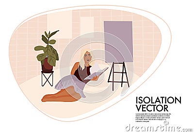 Woman reading book at home. Quarantine coronavirus Isolation activity. Cartoon vector character. Person with book, smart student, Vector Illustration